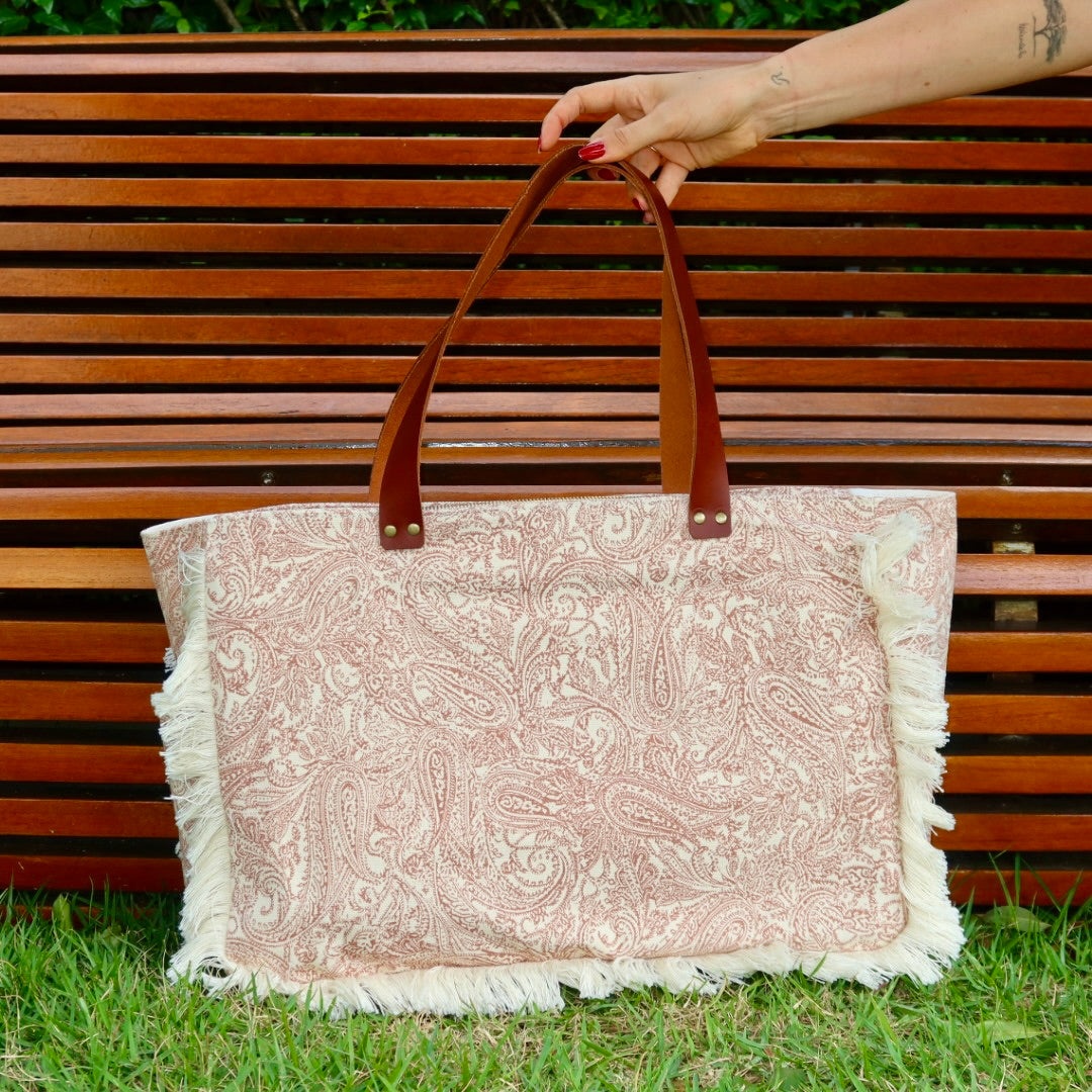 Bolsa Wallow Arabesque Terracota com Alça de Couro Marrom com Zíper