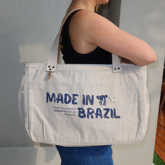 Bolsa Wallow Cinza com Alça de Couro Off White com Zíper