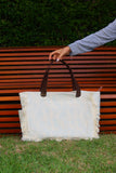 Bolsa Wallow Azul com Alça de Couro Marrom Escuro com Zíper