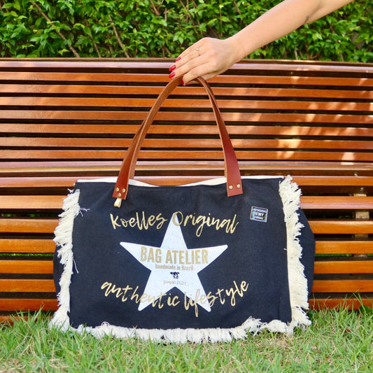 Bolsa Wallow Jeans Preto com Alça de Couro Marrom