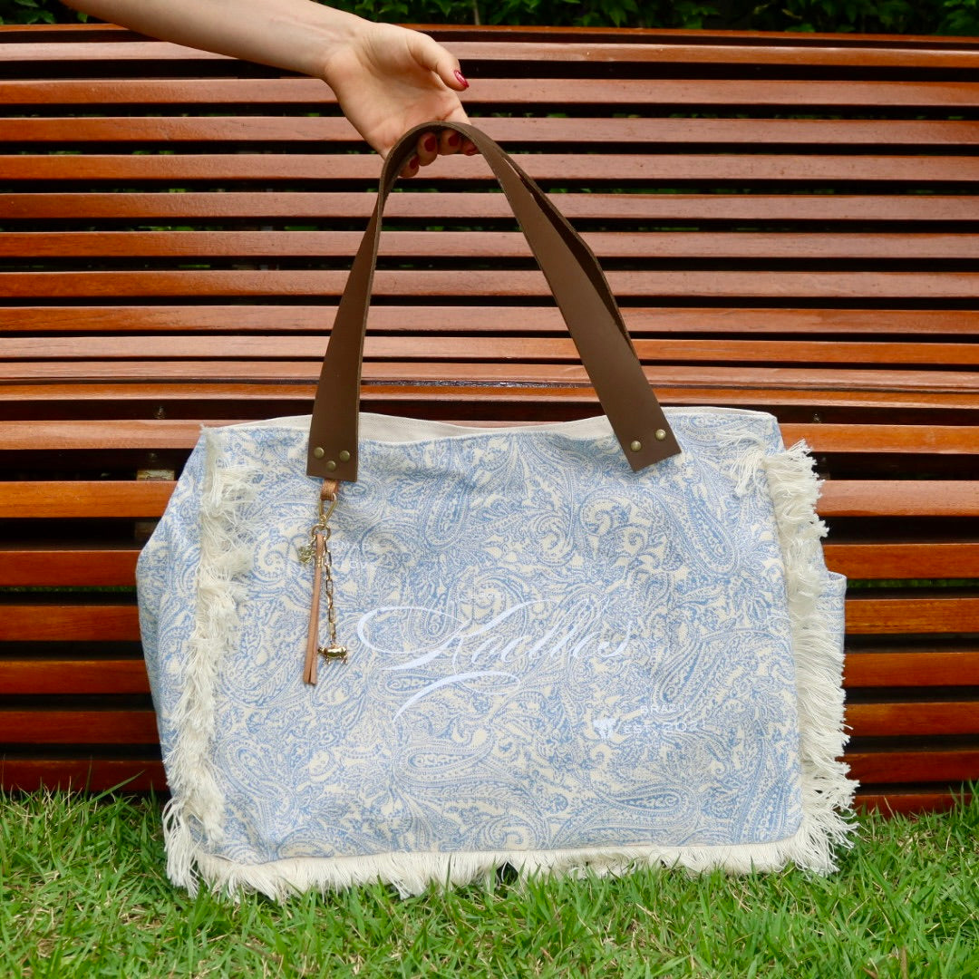 Bolsa Wallow Arabesque Azul com Alça de Couro Marrom