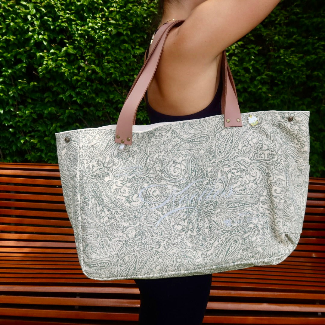Bolsa Wallow Arabesque Verde com Alça de Couro Bege
