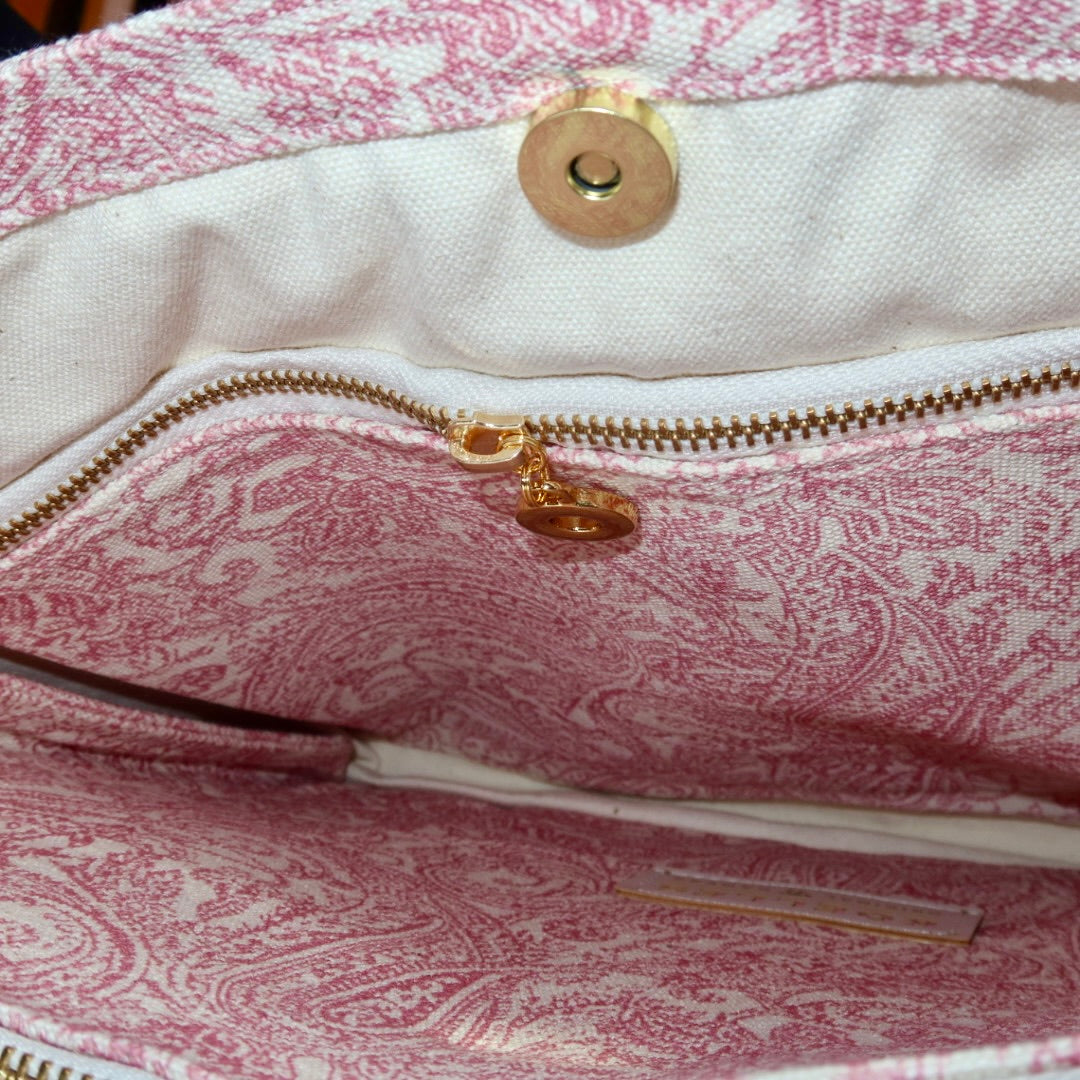 Bolsa Katrin Arabesque Rosa com Alças de Corrente e Couro Marrom Escuro