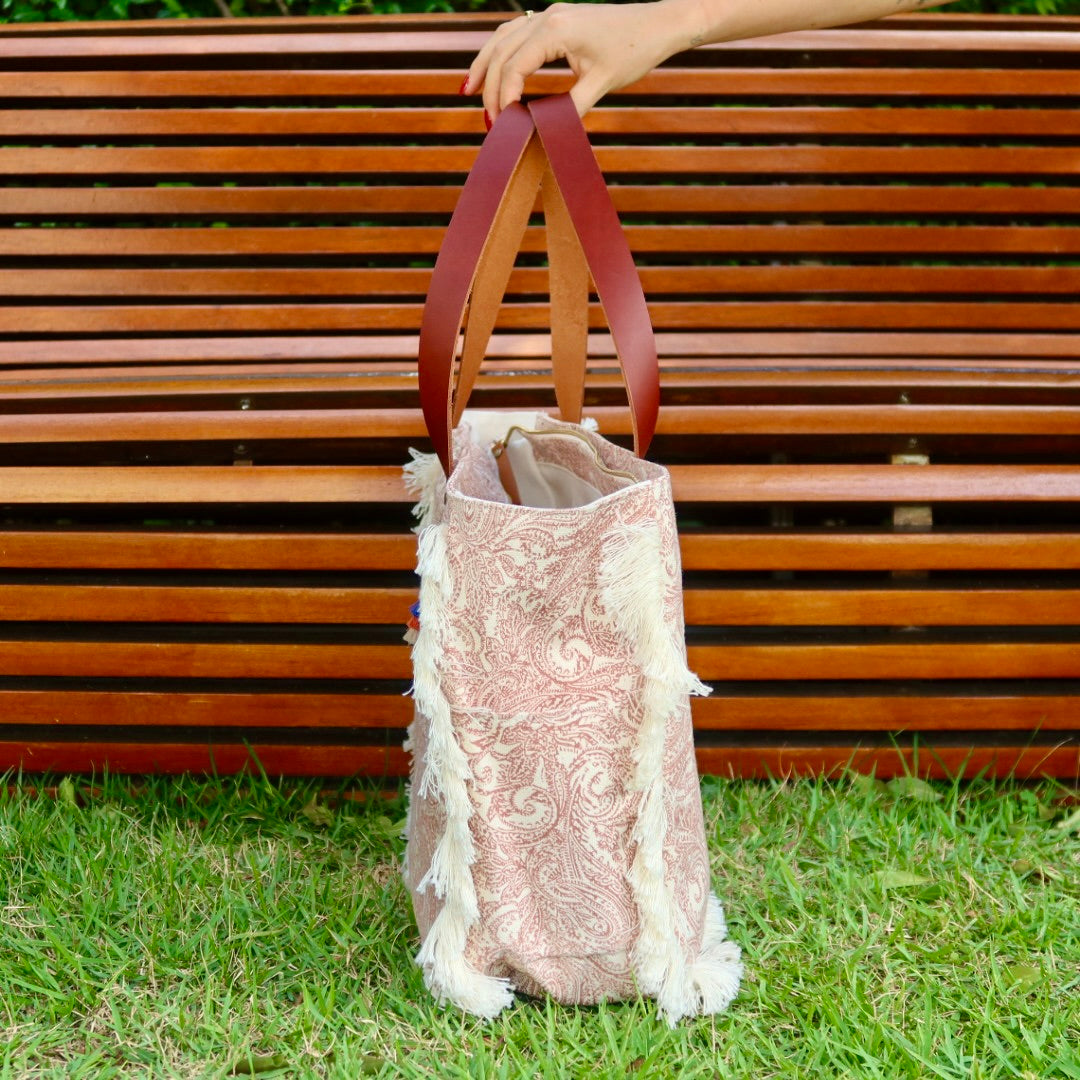 Bolsa Wallow Arabesque Terracota com Alça de Couro Marrom com Zíper