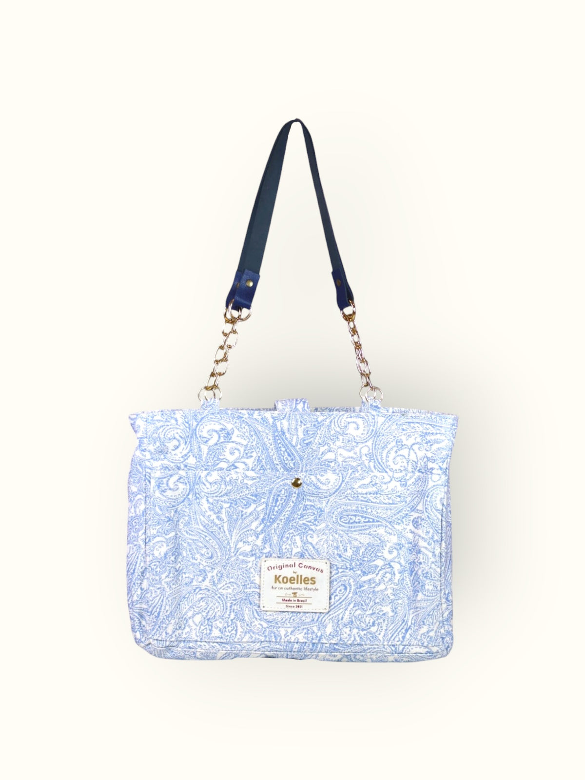 Bolsa Katrin Arabesque Azul com Alças de Corrente e Couro Marinho