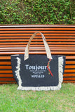 Bolsa Nuna Jeans Preto com Alças de Couro Off White com Zíper
