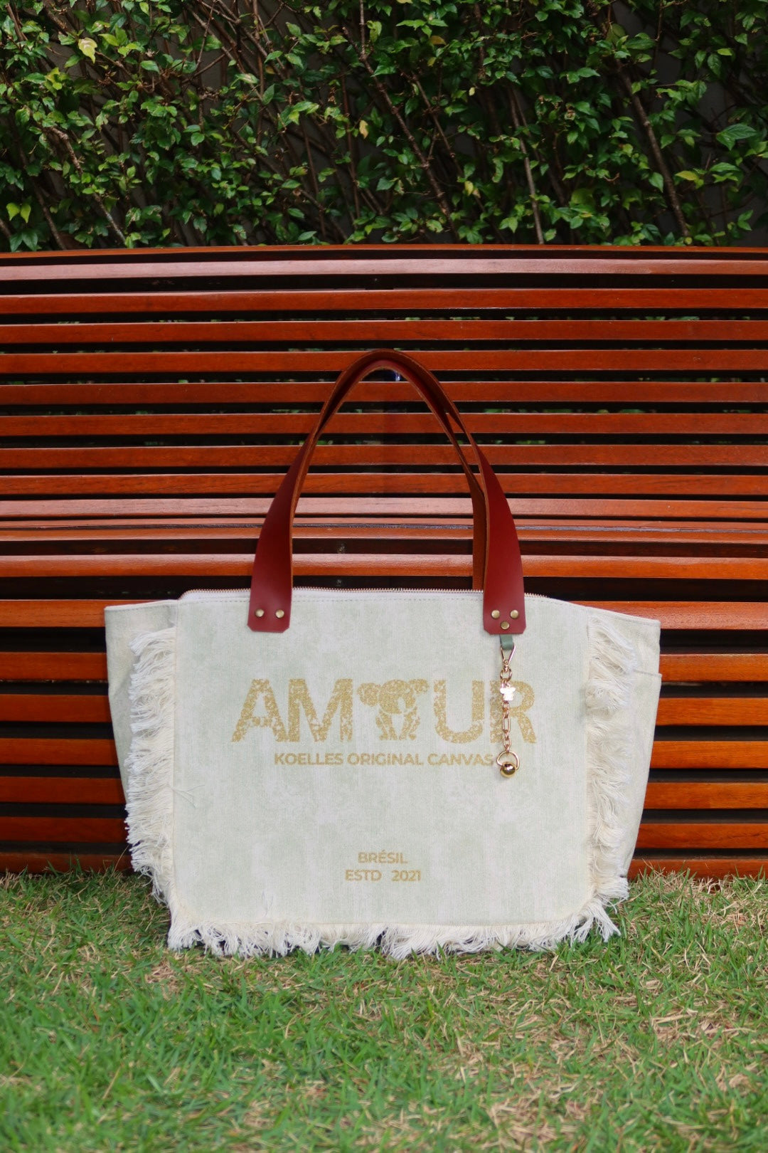 Bolsa Nuna Verde com Alças de Couro Marrom com Zíper