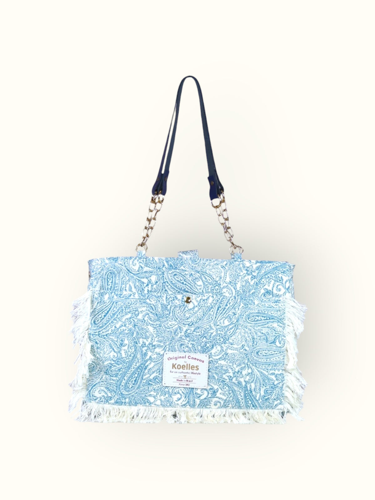 Bolsa Katrin Arabesque Turquesa com Alças de Corrente e Couro Marinho