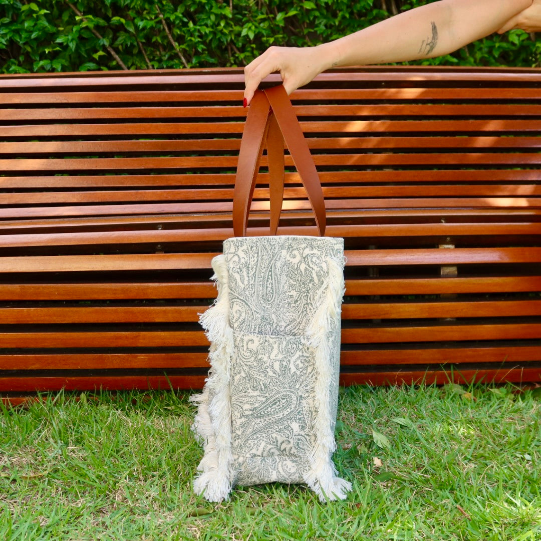 Bolsa Wallow Arabesque Verde com Alça de Couro Marrom com Zíper