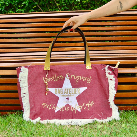 Bolsa Wallow Vinho com Alça de Couro Dourado com Zíper