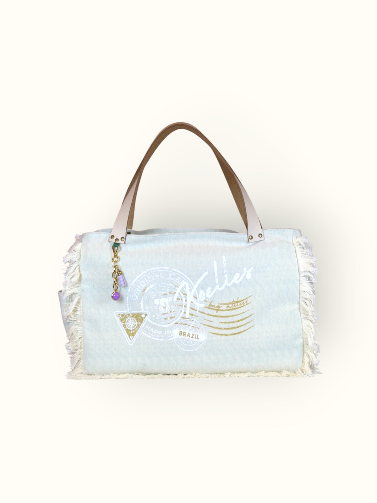 Bolsa Wallow Aqua com Alça de Couro Off White com Zíper