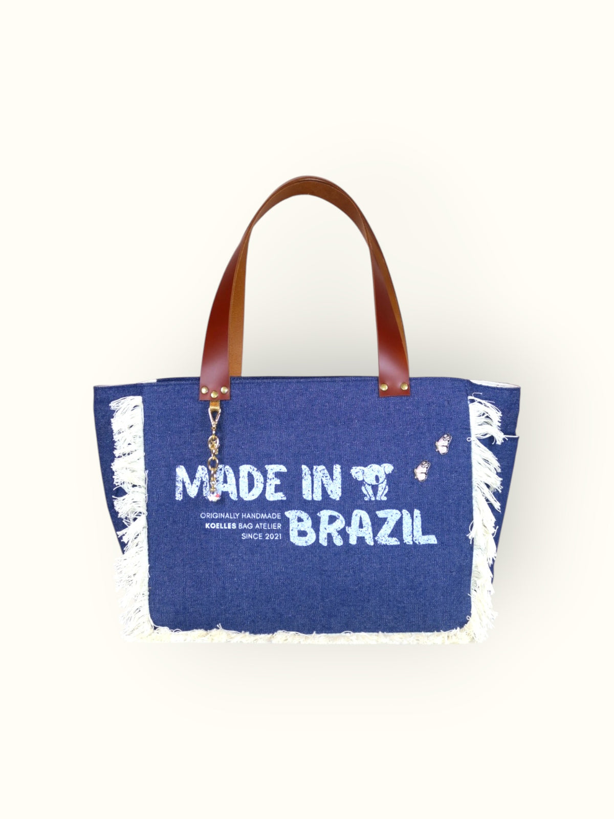 Bolsa Nuna Jeans com Alças de Couro Marrom com Zíper