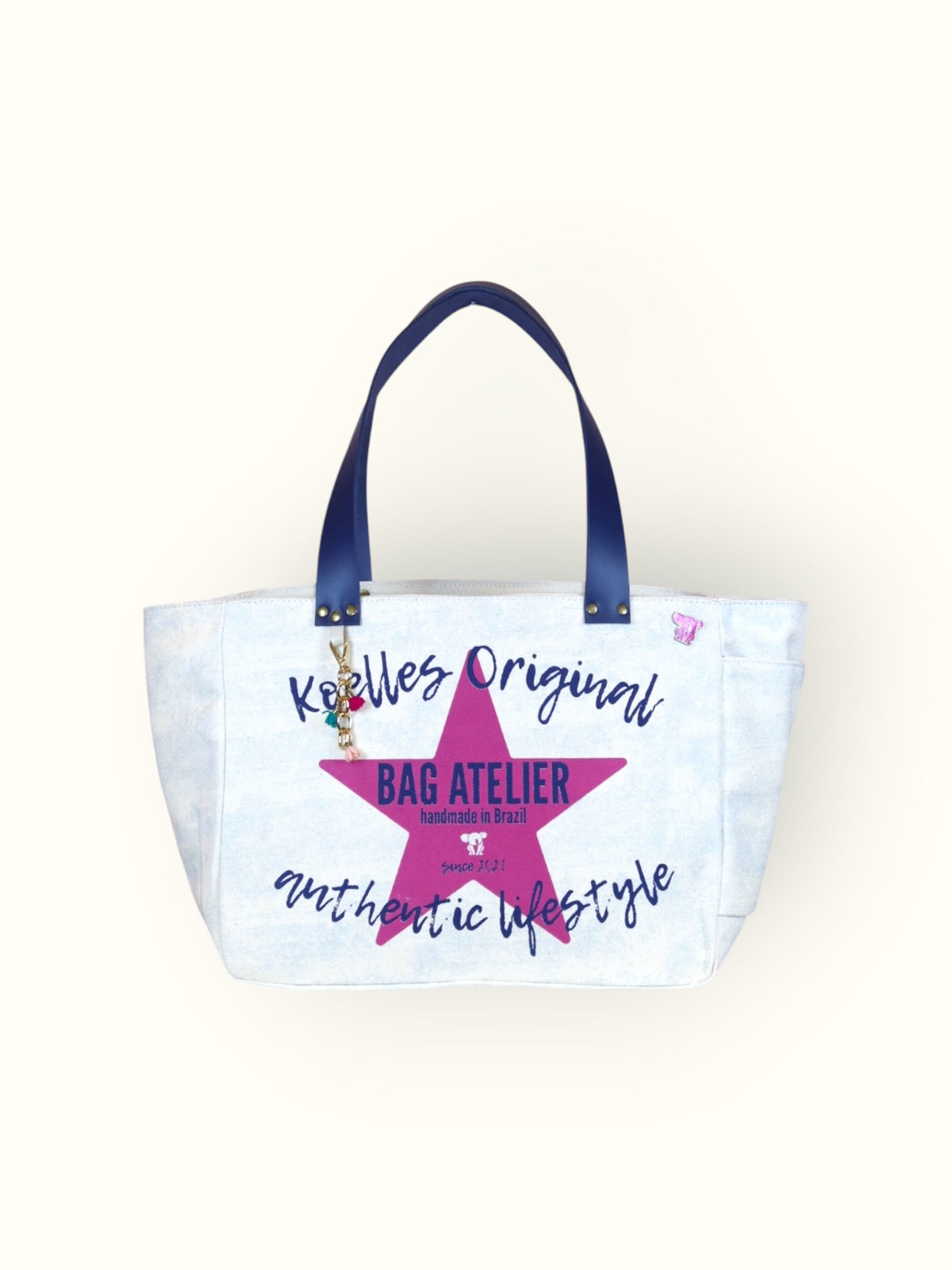 Bolsa Nuna Azul com Alças de Couro Marinho