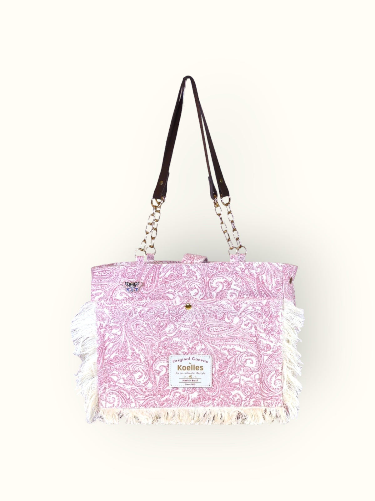 Bolsa Katrin Arabesque Rosa com Alças de Corrente e Couro Marrom Escuro