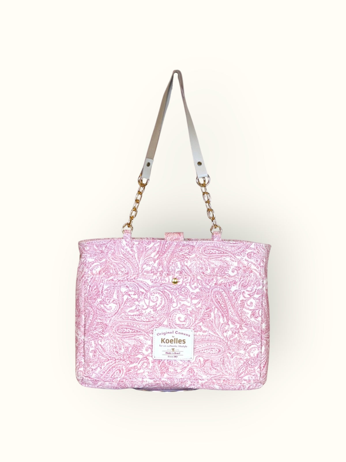 Bolsa Katrin Arabesque Rosa com Alças de Corrente e Couro Off White