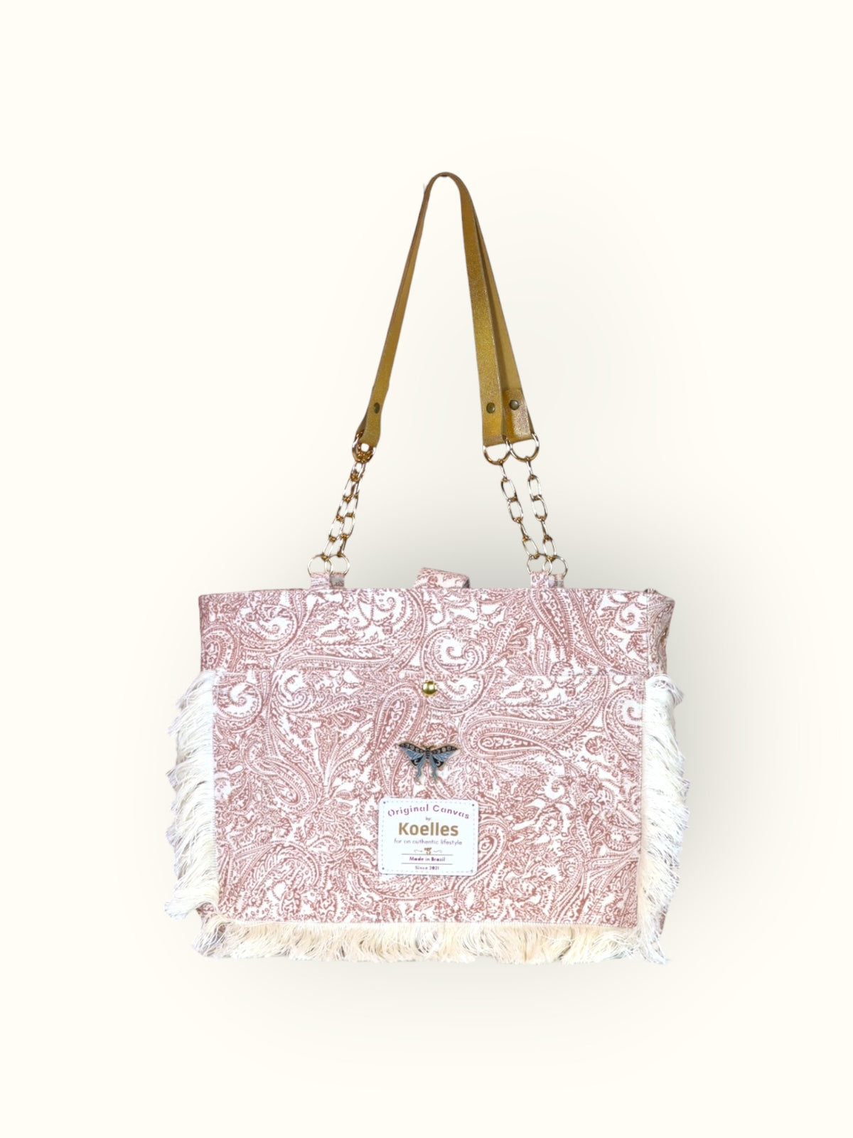 Bolsa Katrin Arabesque Terracota com Alças de Corrente e Couro Dourado