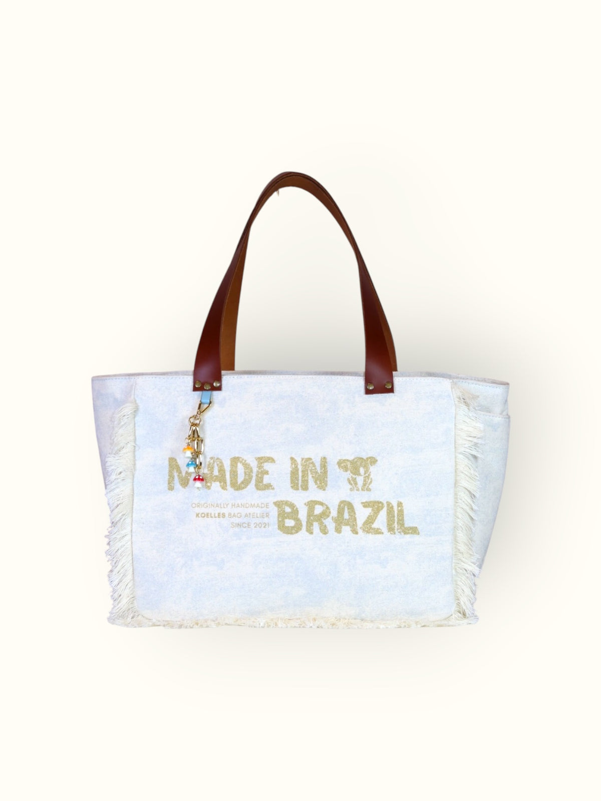 Bolsa Nuna Azul com Alças de Couro Marrom com Zíper