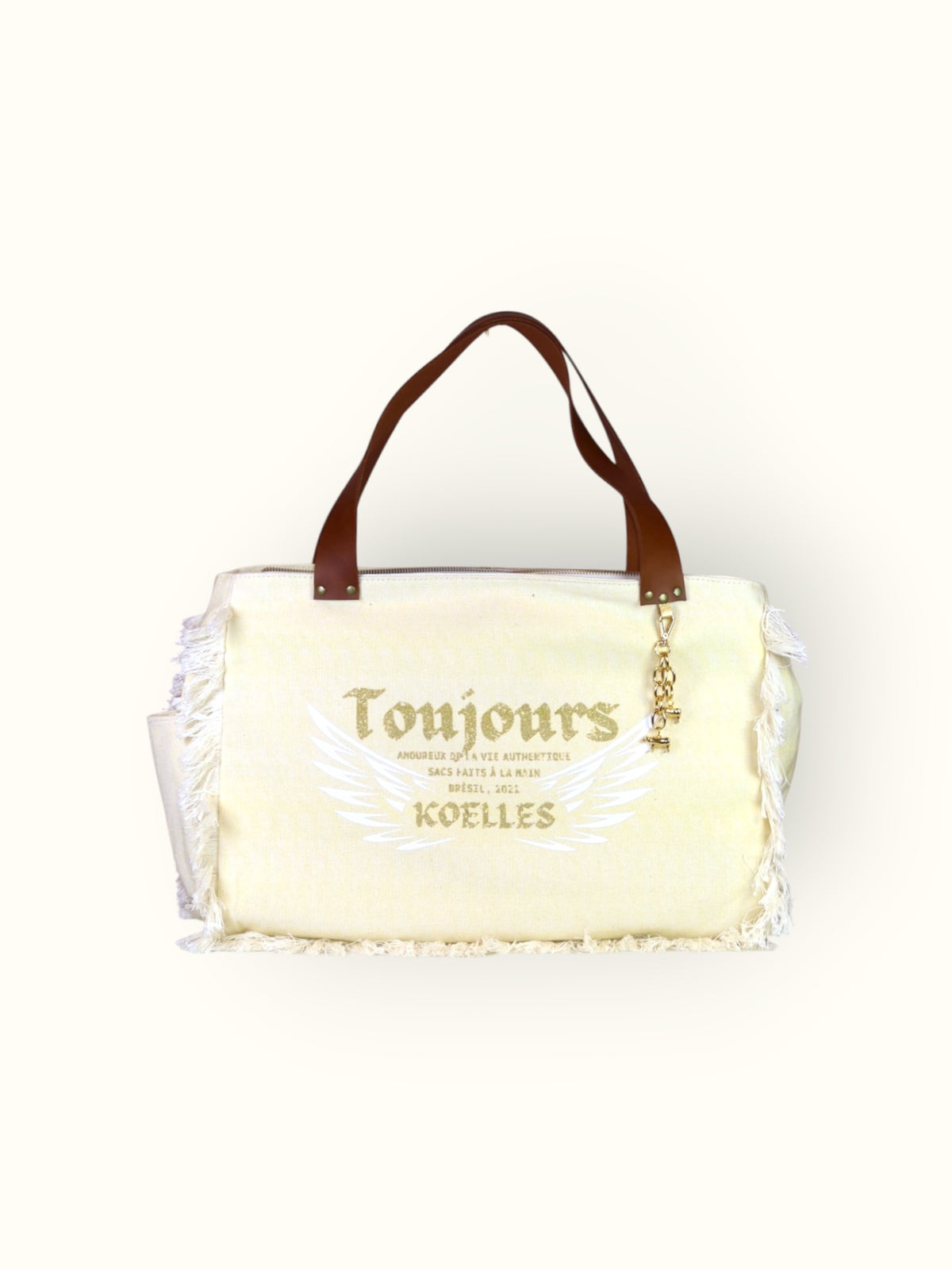 Bolsa Wallow Amarela com Alça de Couro Marrom com Zíper