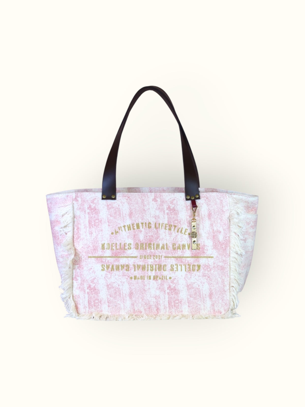 Bolsa Nuna Rosa com Alças de Couro Marrom Escuro com Zíper