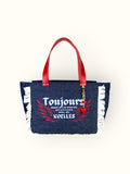 Bolsa Nuna Jeans Preto com Alças de Couro Vermelho com Zíper