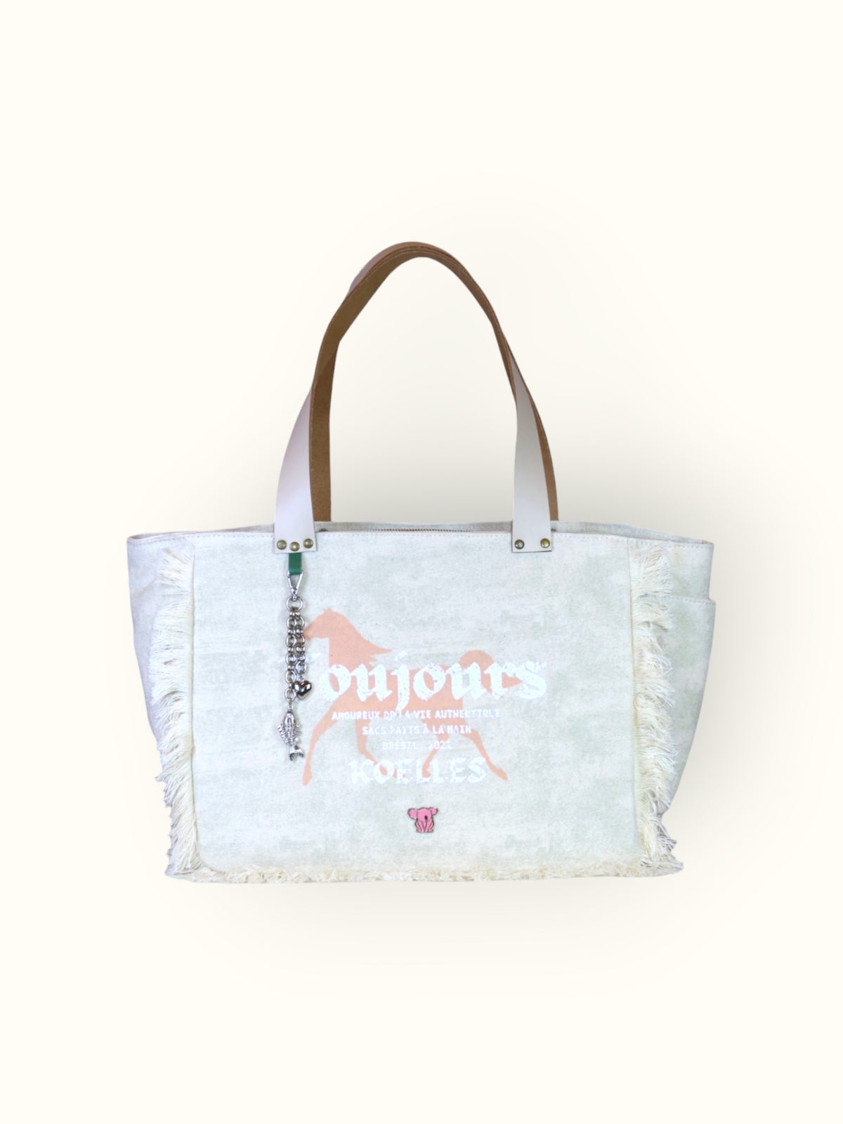 Bolsa Nuna Verde com Alças de Couro Off White com Zíper