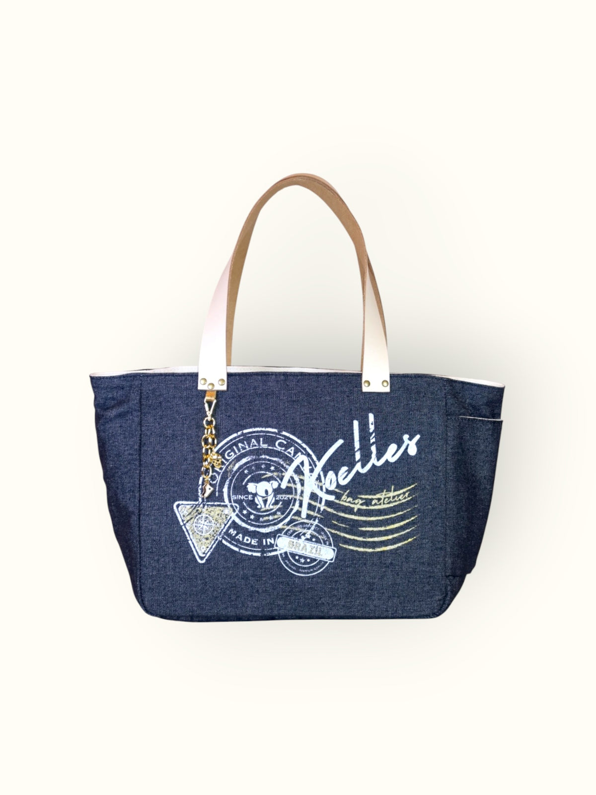 Bolsa Nuna Jeans Preto com Alças de Couro Off White
