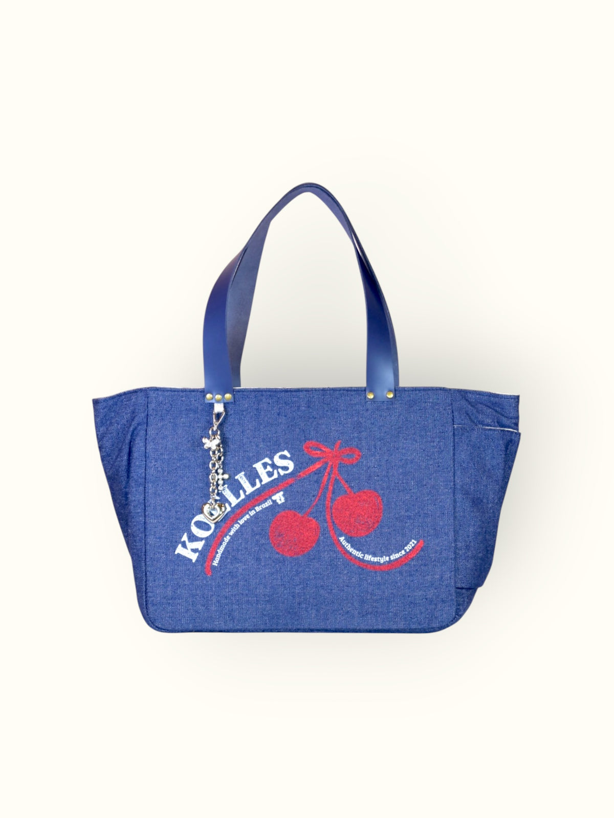 Bolsa Nuna Jeans com Alças de Couro Marinho