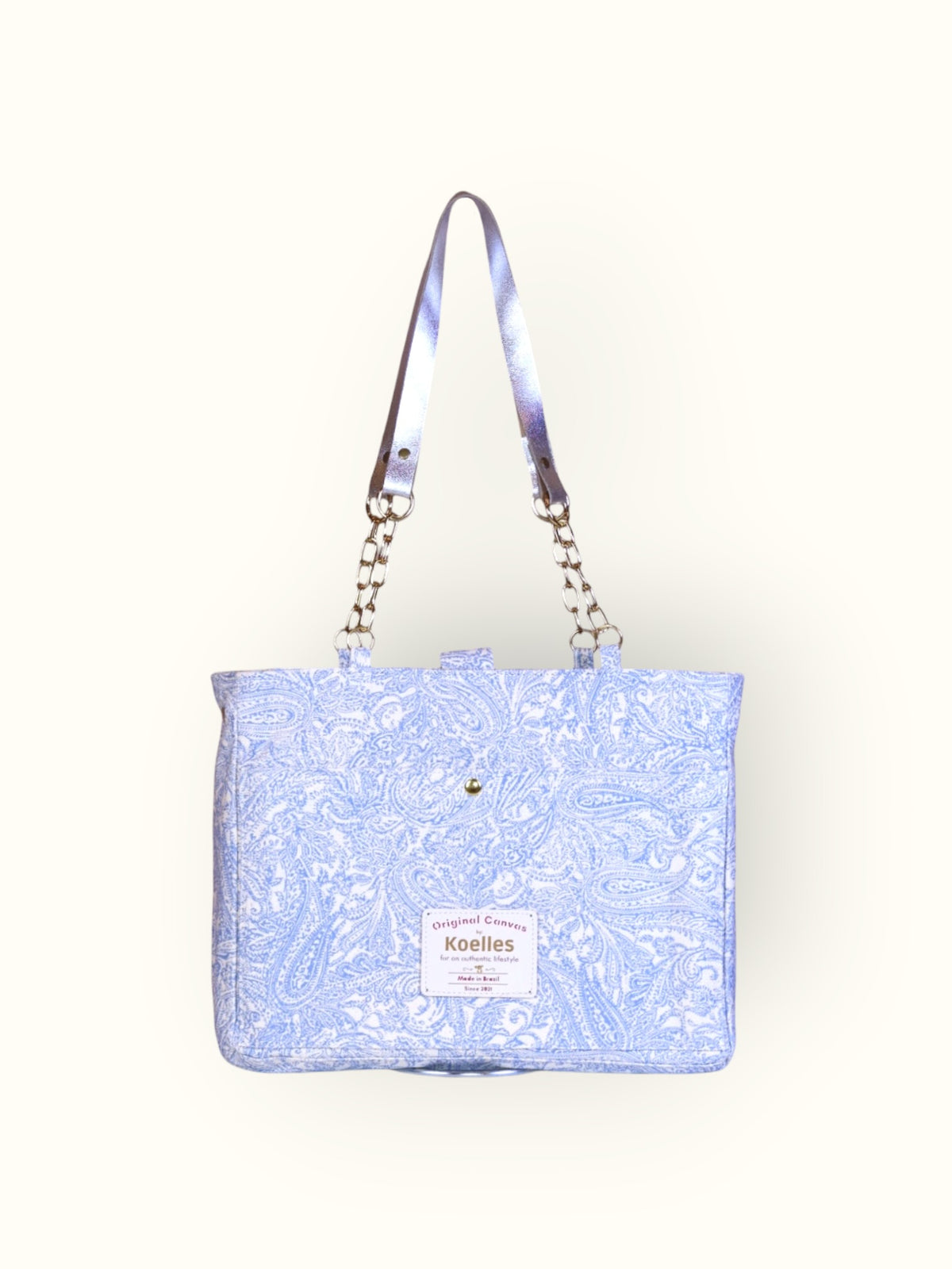Bolsa Katrin Arabesque Azul com Alças de Corrente e Couro Prata