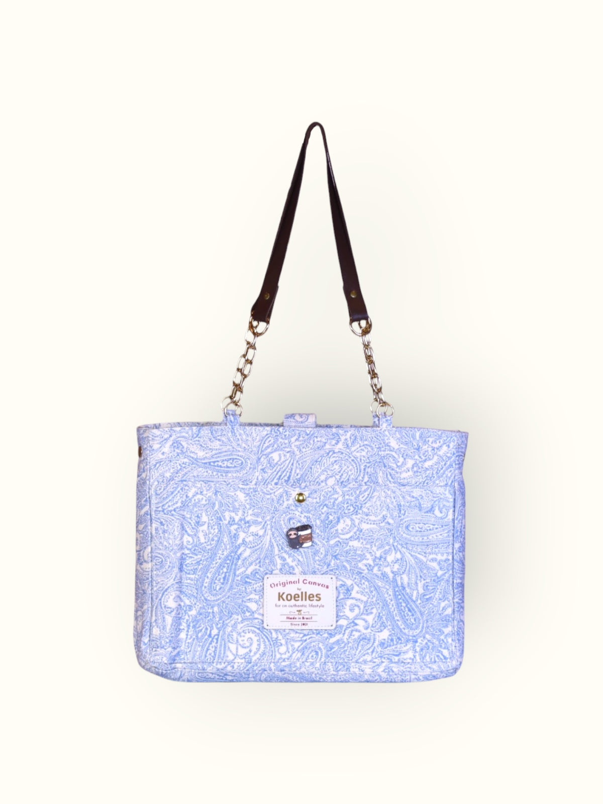 Bolsa Katrin Arabesque Azul com Alças de Corrente e Couro Marrom Escuro