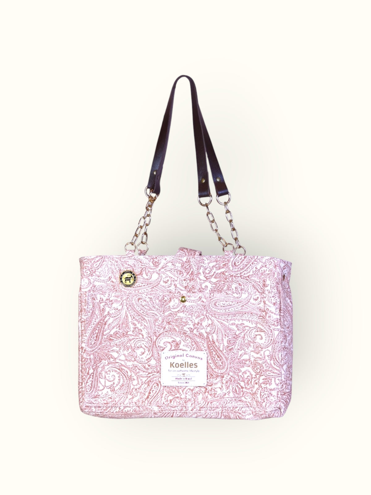 Bolsa Katrin Arabesque Terracota com Alças de Corrente e Couro Marrom Escuro