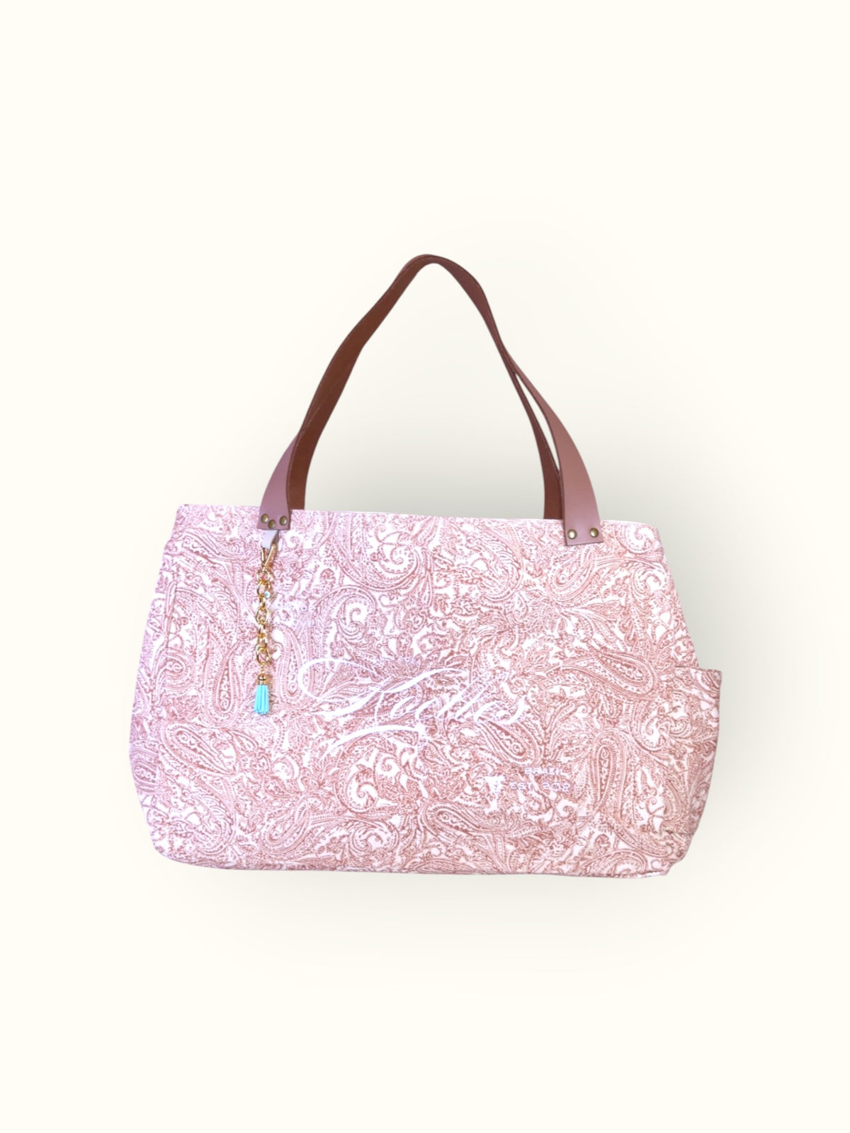 Bolsa Wallow de lona estampa arabesque terracota com alça de couro nude