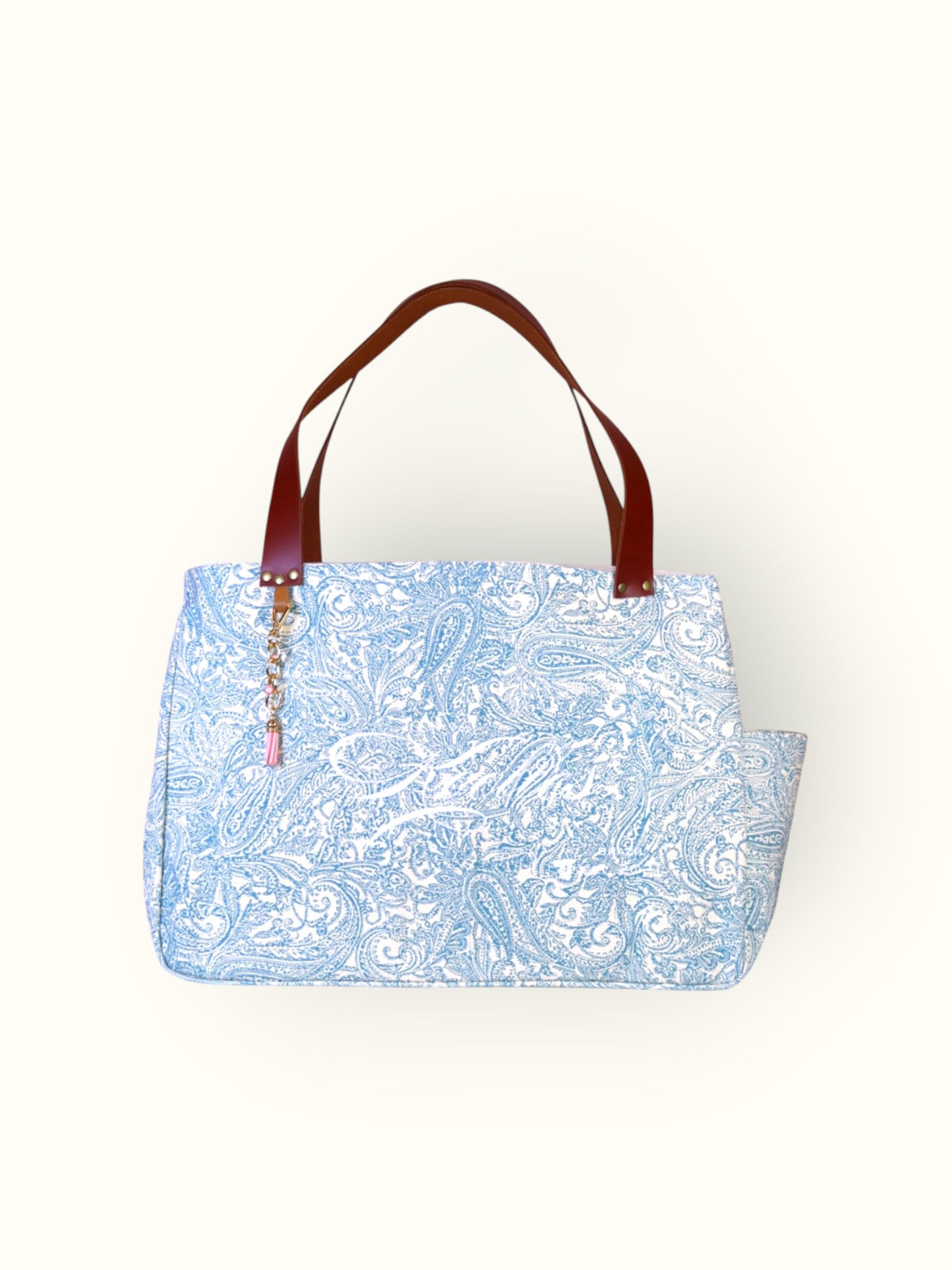 Bolsa Wallow de lona estampa arabesque turquesa com alça de couro marrom