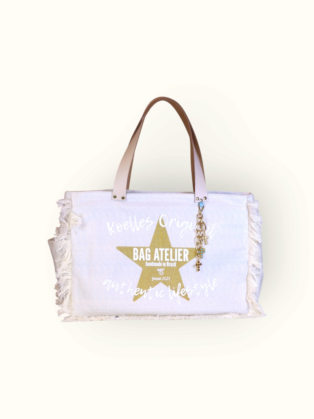 Bolsa Wallow Azul com Alça de Couro Off White com Zíper