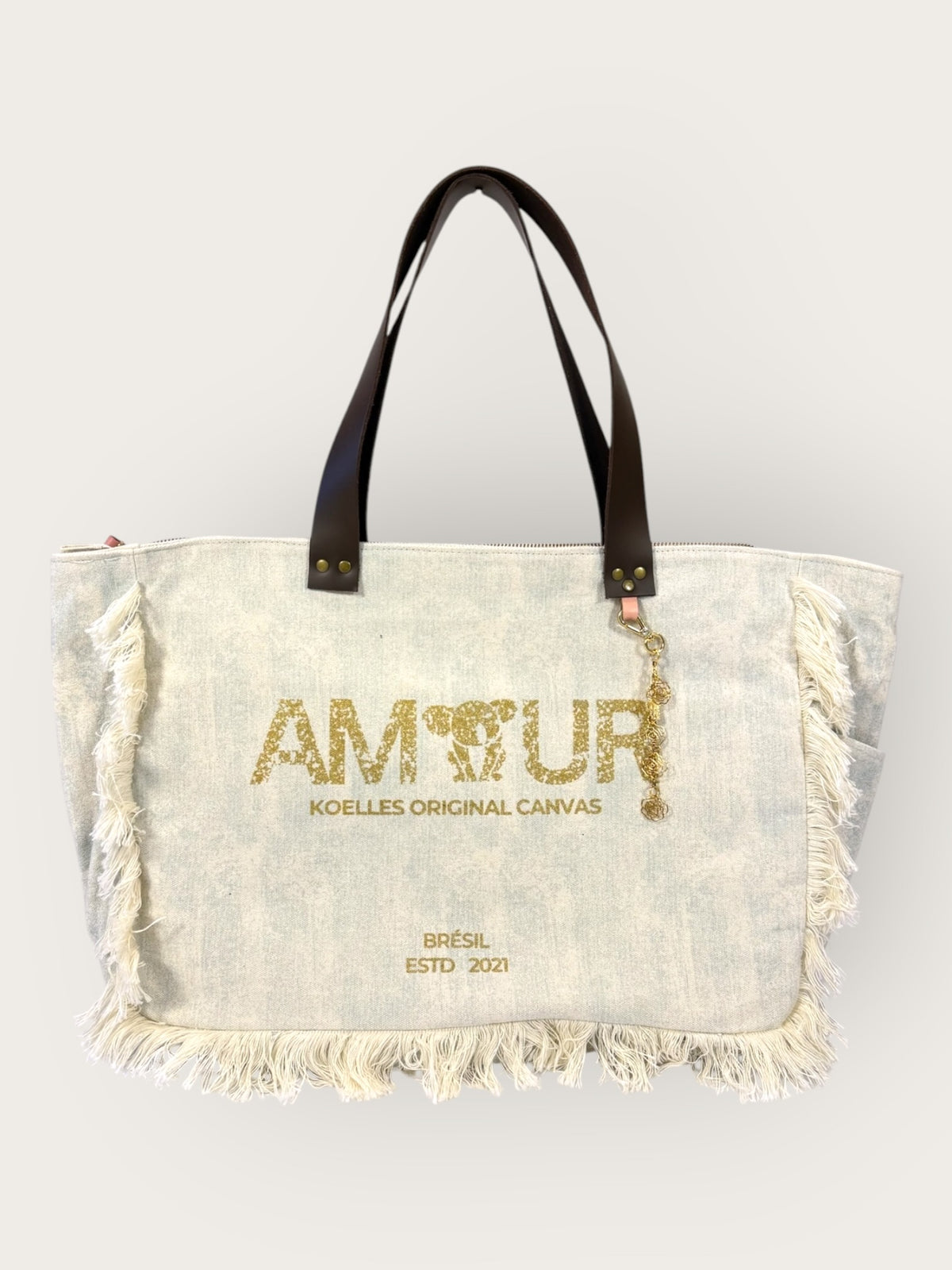 Bolsa Wallow Aqua com Alça de Couro Marrom Escuro com Zíper