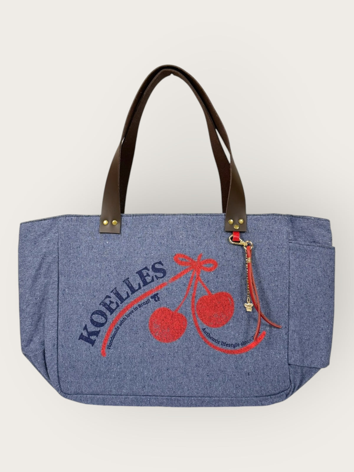 Bolsa Nuna Jeans Claro com Alças de Couro Marrom Escuro