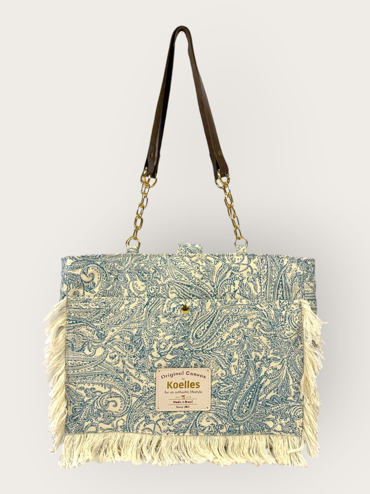 Bolsa Katrin Arabesque Turquesa com Alças de Corrente e Couro Marrom Escuro