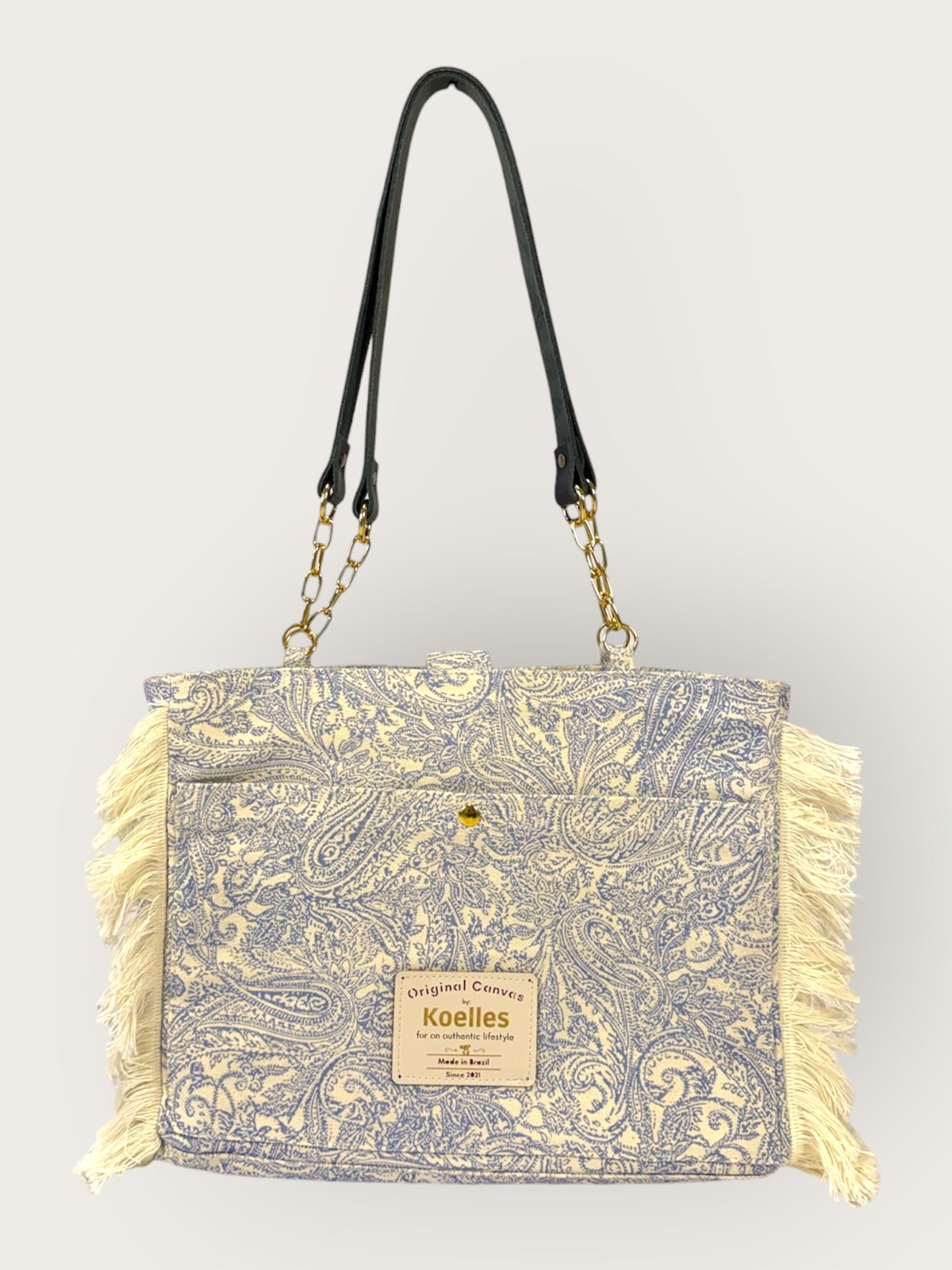 Bolsa Katrin Arabesque Azul com Alças de Corrente e Couro Preto