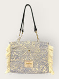 Bolsa Katrin Arabesque Azul com Alças de Corrente e Couro Preto