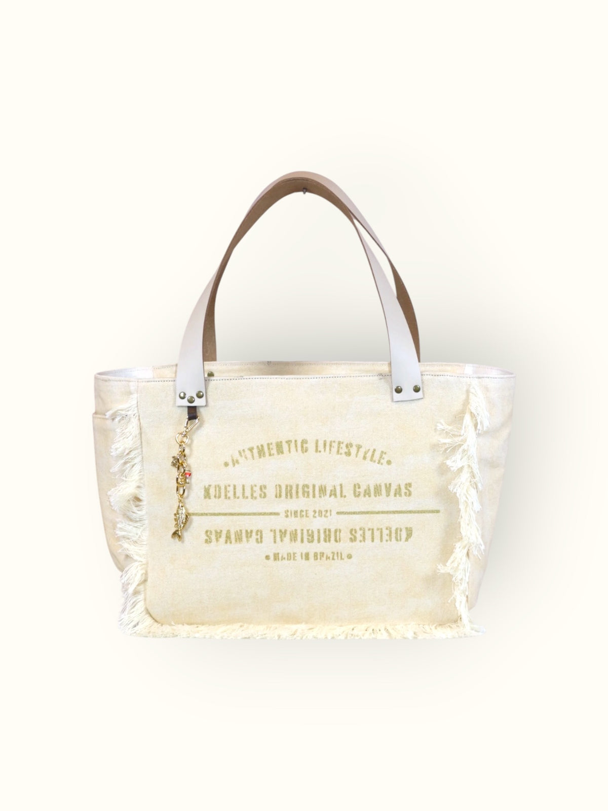 Bolsa Nuna Bege com Alças de Couro Off White com Zíper