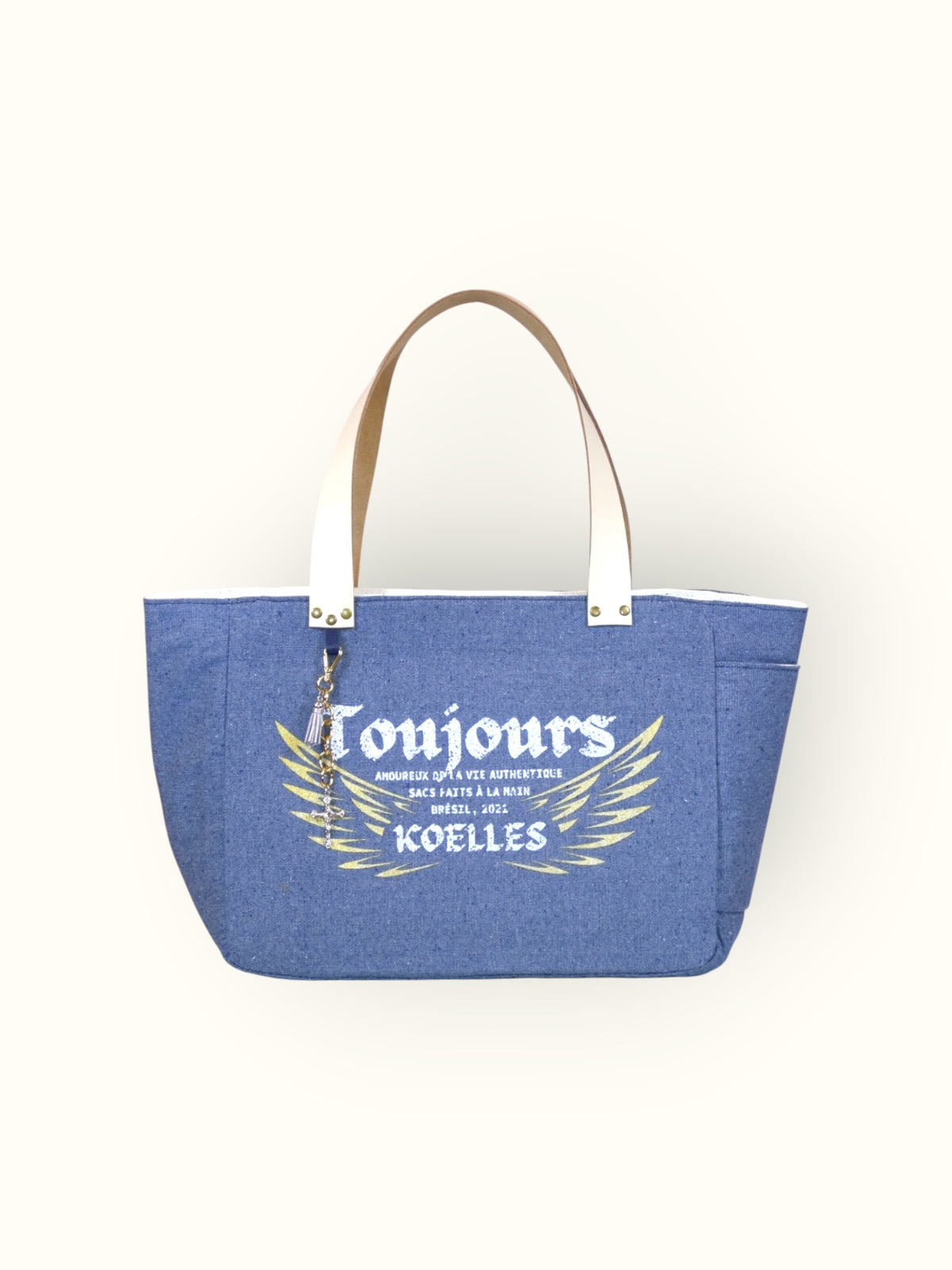 Bolsa Nuna Jeans Claro com Alças de Couro Off White com Zíper
