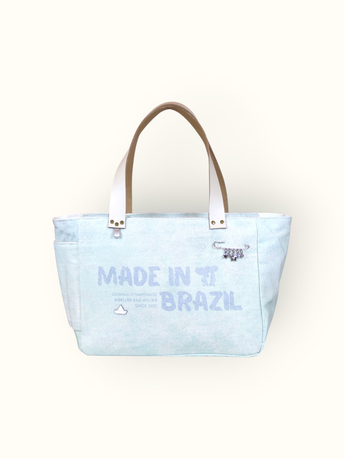 Bolsa Nuna Aqua com Alças de Couro Off White com Zíper