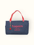 Bolsa Wallow Jeans Preto com Alça de Couro Vermelha com Zíper