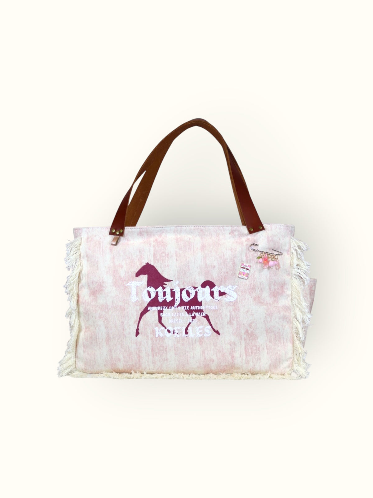 Bolsa Wallow Rosa com Alça de Couro Marrom com Zíper