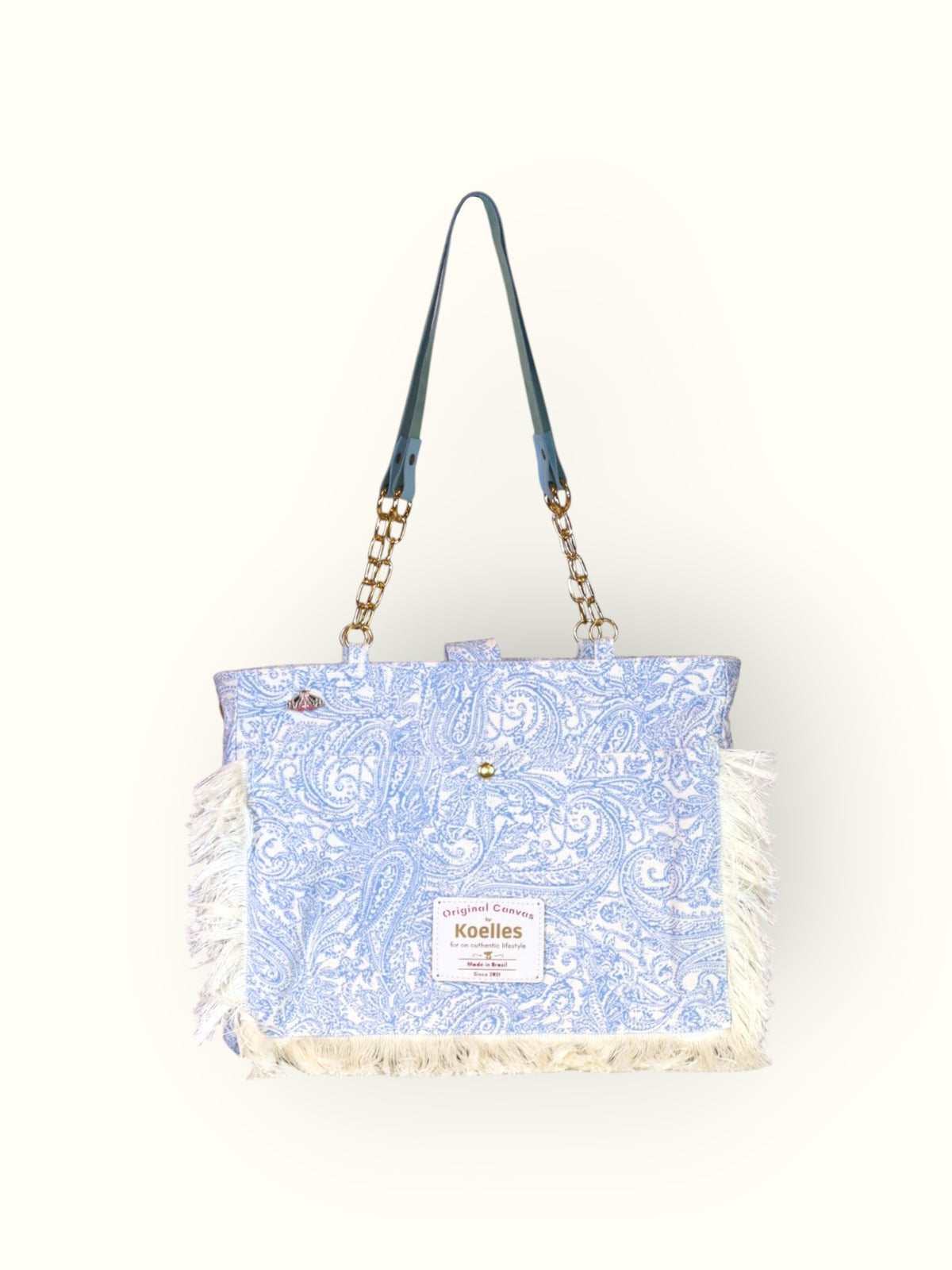 Bolsa Katrin Arabesque Azul com Alças de Corrente e Couro Azul Claro